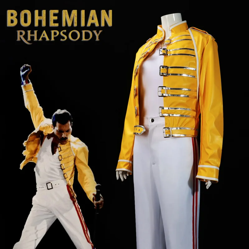 

Queen Lead Vocals Freddie Mercury Cosplay Costume Adult Men Women Yellow Jacket Coat Halloween Carnival