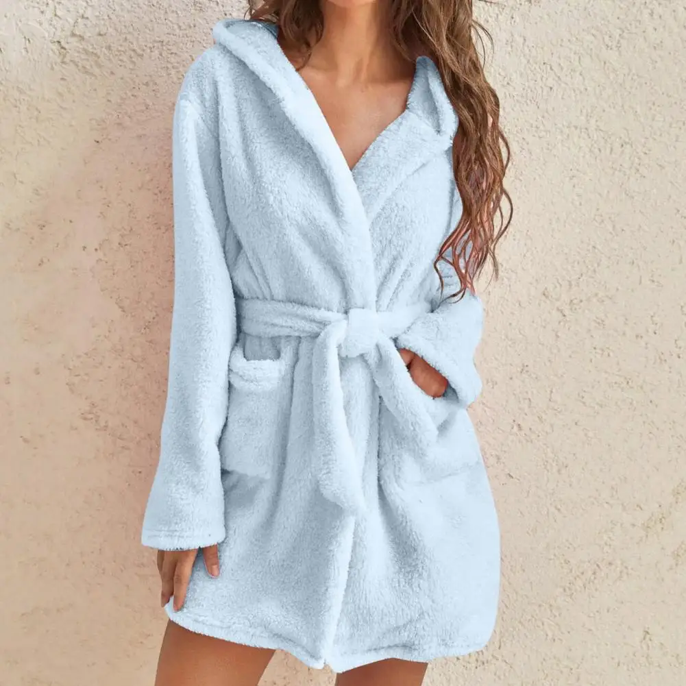 Tie waist nightgown Women's winter hooded nightgown robe set with pockets Plush flannel bathrobe for home sauna vacation