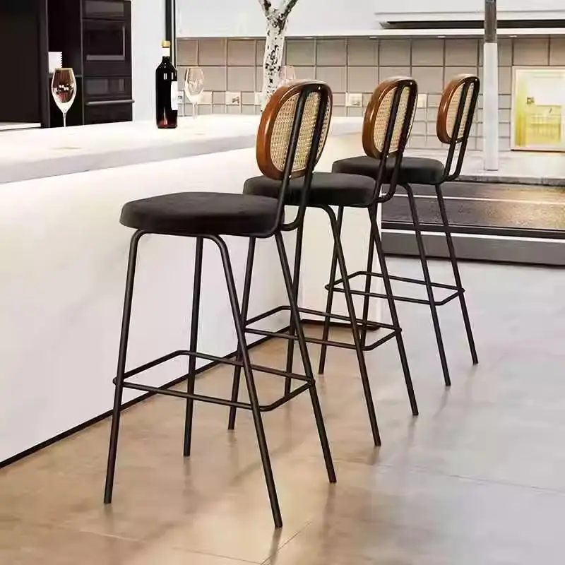 Designer Rattan Bar Stool Nordic Minimalist High Chair With Backrest Tall Counter Chair Cafe Bistro Island Bar High Stools