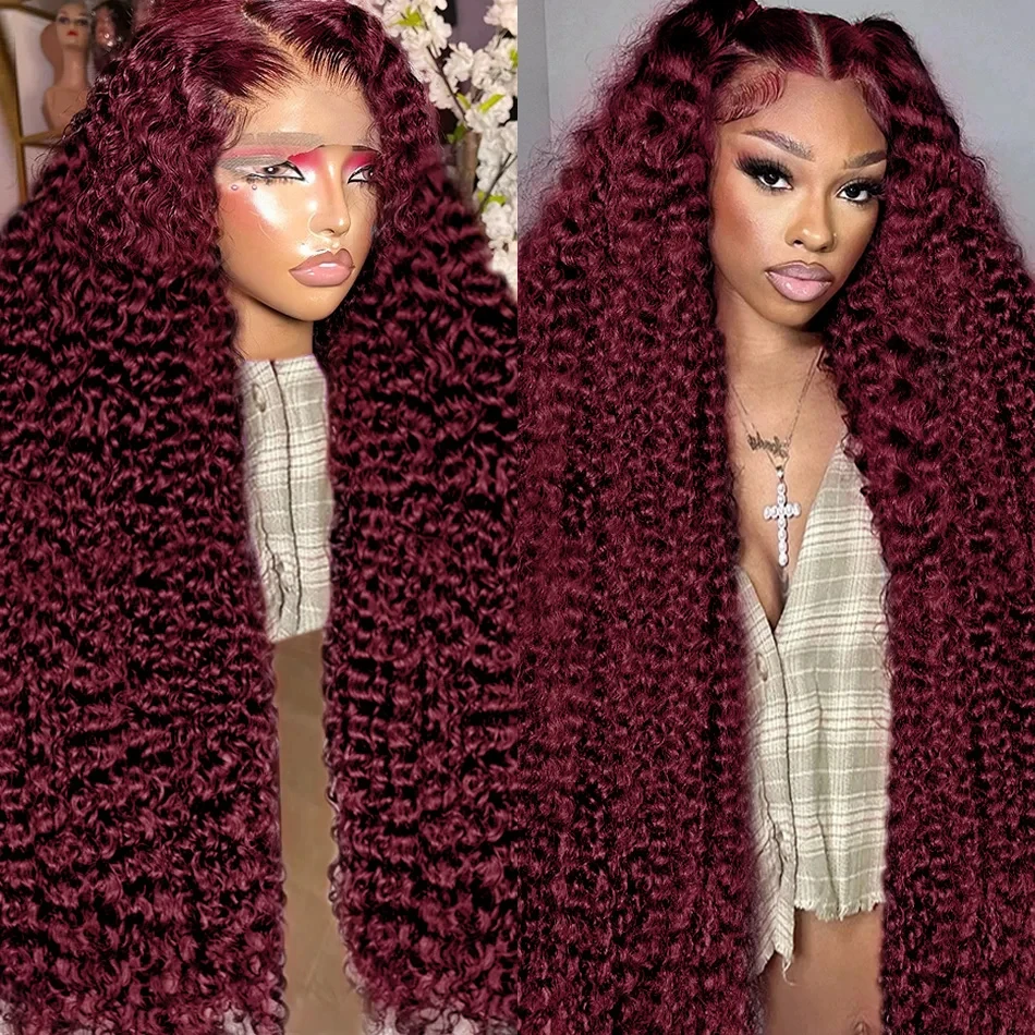 99J Burgandy Curly Lace Frontal Human Hair Wigs 13x6 HD Lace Front Wig Transparent 13x4 Deep Wave Human Hair Wigs