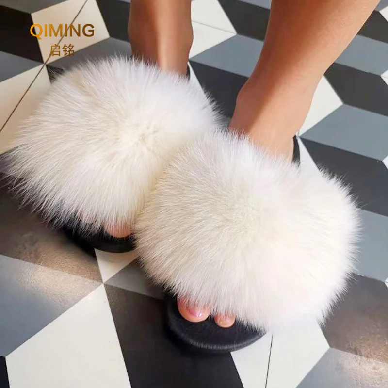 Summer Fur Slippers Raccoon Furry Real Fur Slides For Women Outdoor Plush Fluffy Cozy Open Toe Fuzzy Flip Flops Cute Sandals