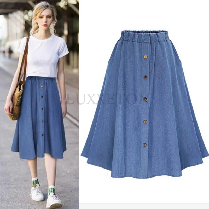 

Fashion Korean Preppy Style Imitation Denim Skirts Women Solid Long Skirt Nature Waist Female Big Hem Casual Button Jean Skirt