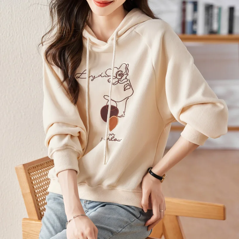 2024 Spring High Quality Daily Casual Comfortable Hoodies Women Loose Chic Cartoon Embroidery Sweatshirts Simple All-match Tops