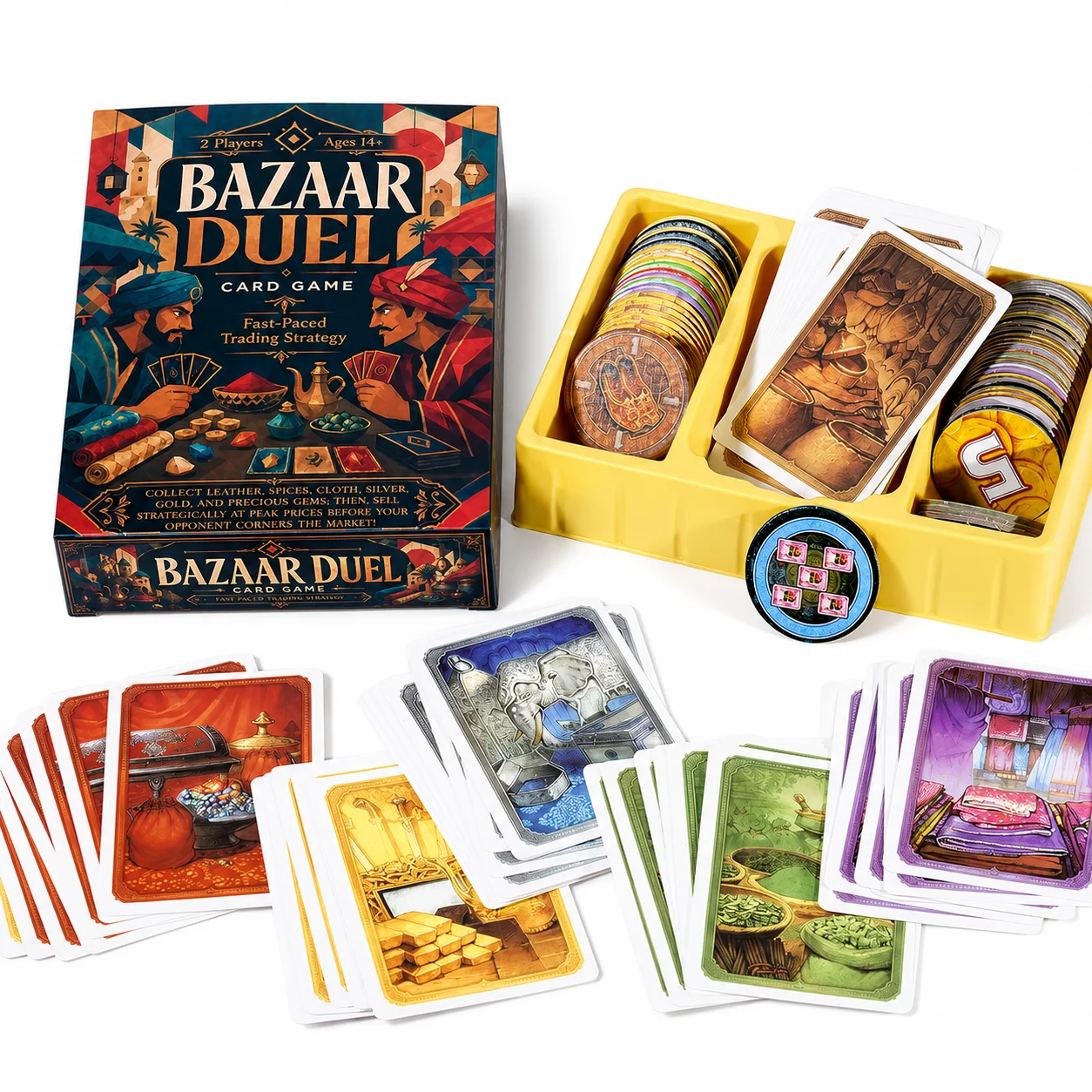 Bazaar Duel Card Game: Fast-Paced Market Trading Strategy Board Game with Leather, Spices, Silver, and Gems