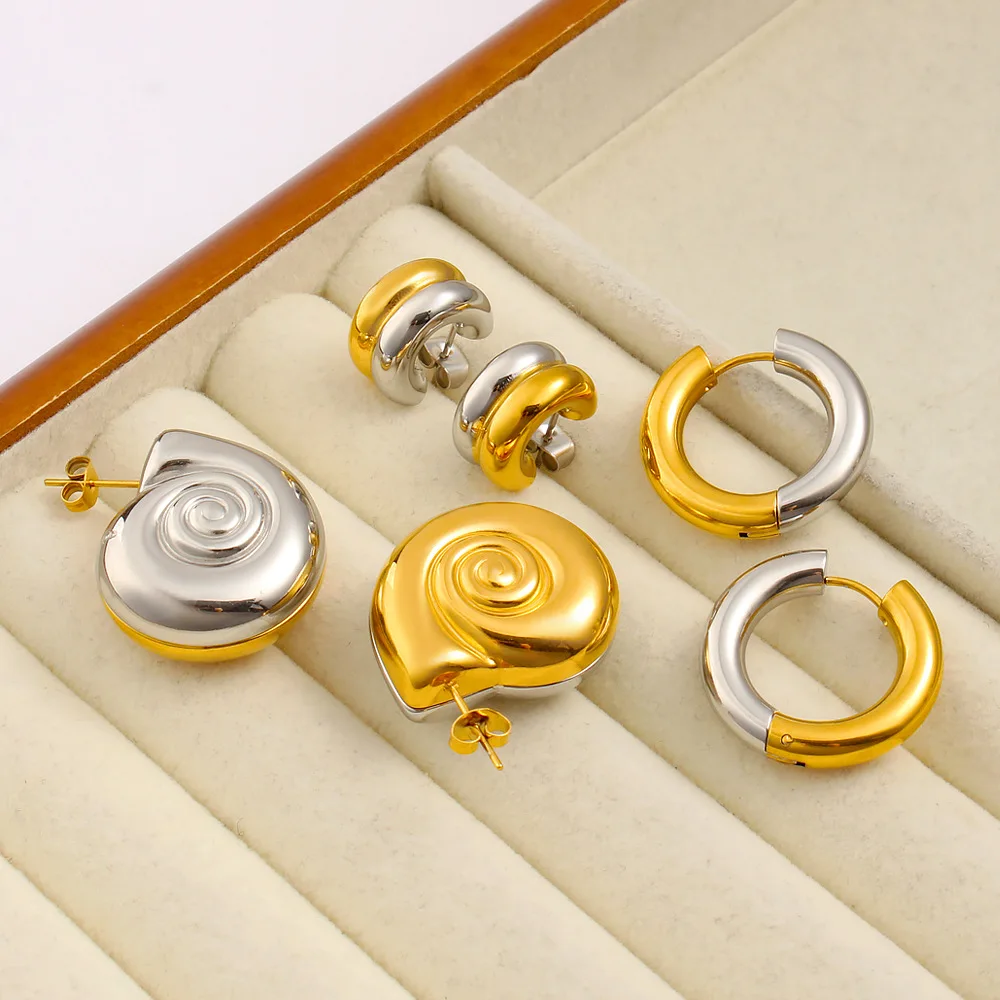 Vintage Two-tone Chunky Sea Snail Ear Studs Glossy Stainless Steel Metal Double CC Circle Hoop Earrings Punk Jewelry Waterproof