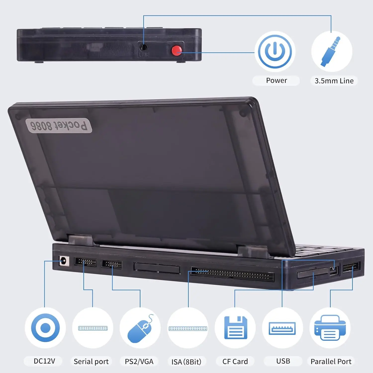 Computador portátil retrô Pocket8086 CPU PC-XT, mini laptop de 6,0 polegadas compatível com sistema MS-DOS Windows 3.0, CPU 8088 8086, 512M