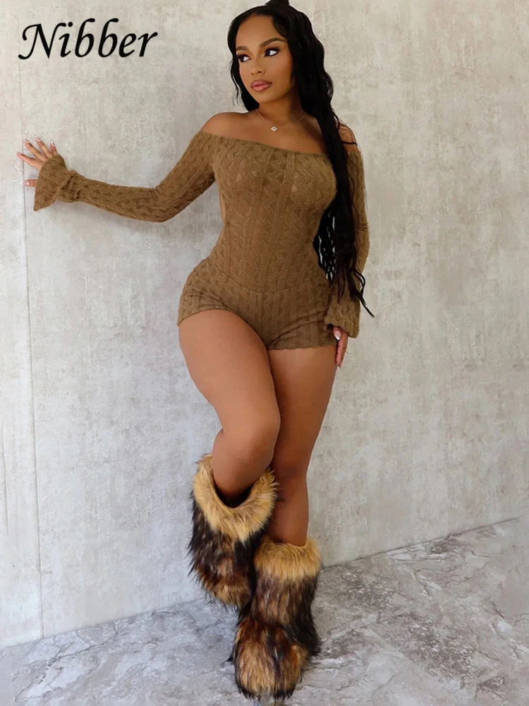 Nibber Backless Romper Women Knit Thin Fall Slash Neck Full Sleeve Hipster Playsuit Arabesques Workout Activity Shorts Overalls