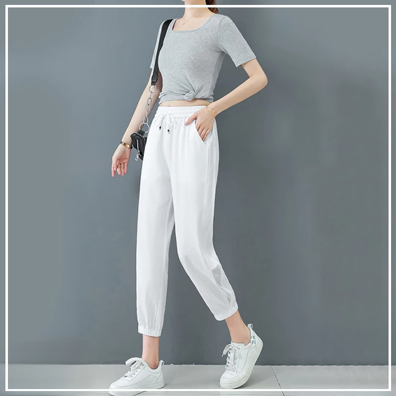 

2024 Sports Minimalist Casual Fashion Drawstring High Waisted Loose Oversize Straight Ice Silk Ankle Tied Harlan Pants for Women