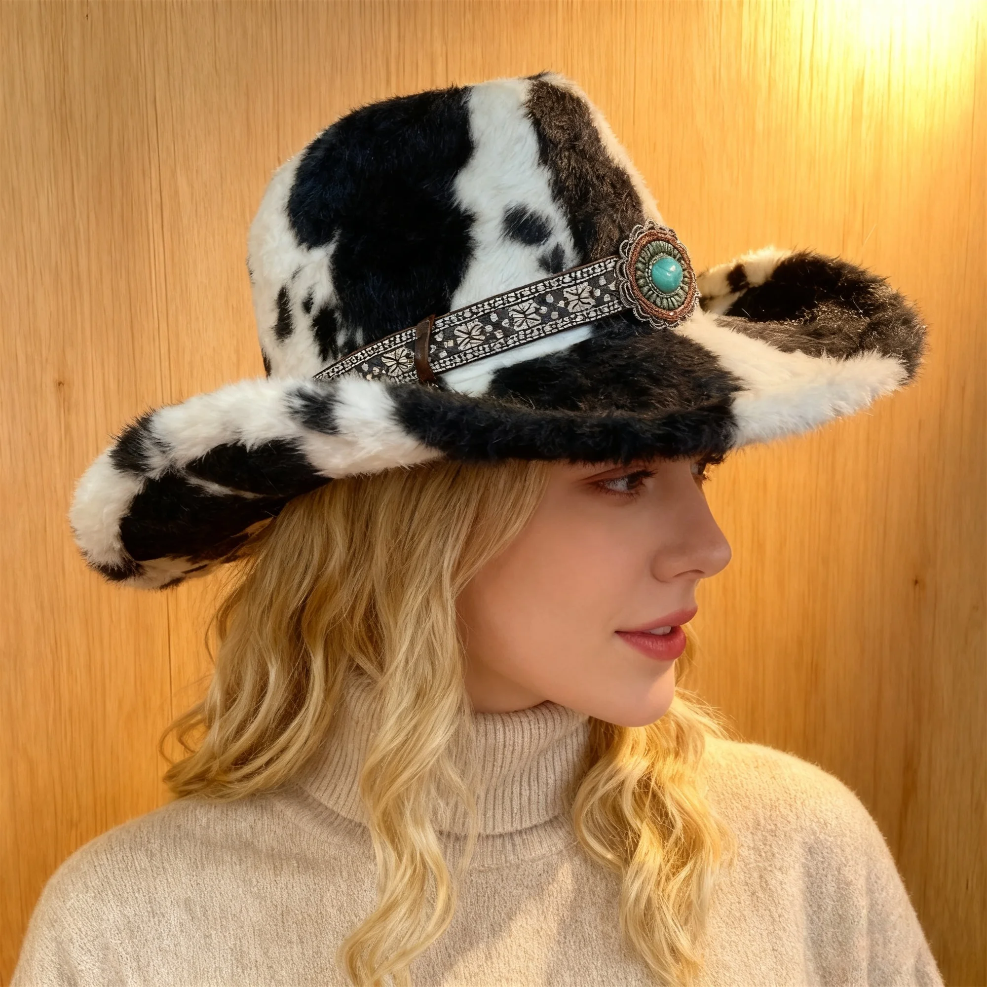 Ethnic Style Cow Print Cowboy Hat for Women and Men Fuzzy Western Cap for Outdoor Parties and Events Unique Design