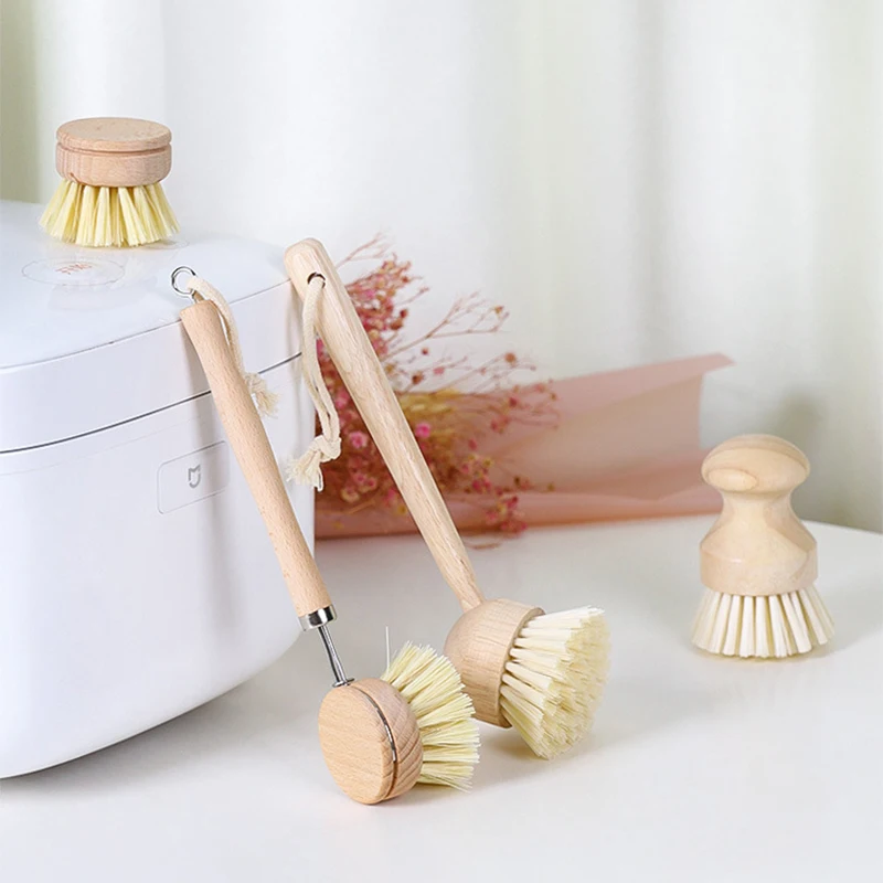 Wooden Cleaning Brush Set with 4 Replacement Brush Heads Kitchen Long  Handle Pan Brush Natural Dish Pot Brushing Tool Household - AliExpress