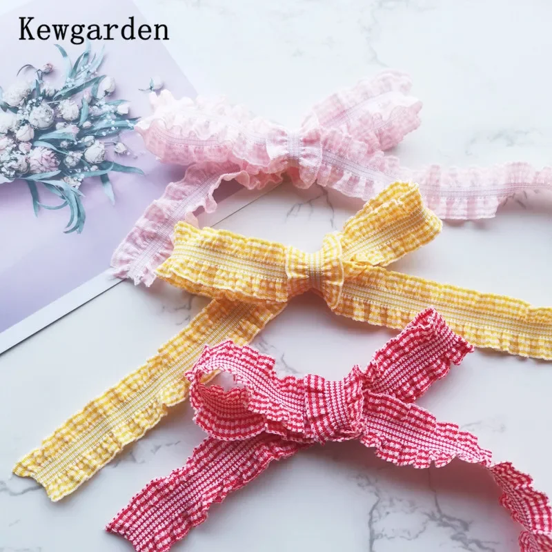 

Kewgarden 2cm Plaid Elasticity Ruffle Ribbon DIY Hairband Bow Hair Accessories Handmade Tape Packing Riband 10 Yards