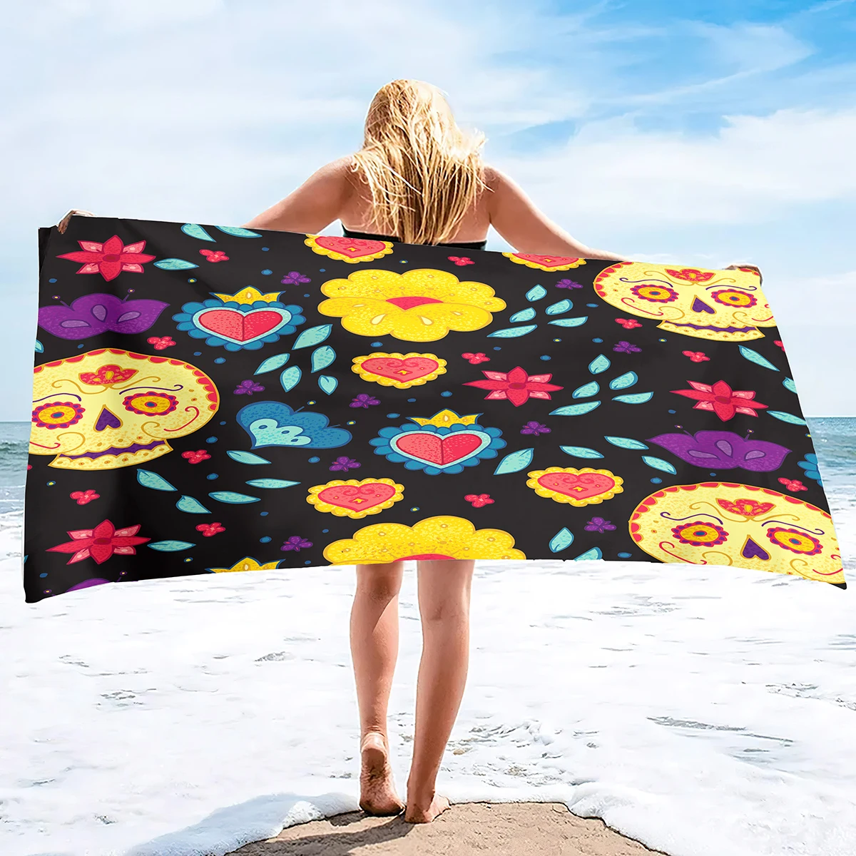 thumbnail image 1 of Toalla de playa con calaveras de microfibra para gimnasio, viajes, fitness, spa, mujeres y niñas, secado rápido, sin arena, tamaño grande, 1 of 5