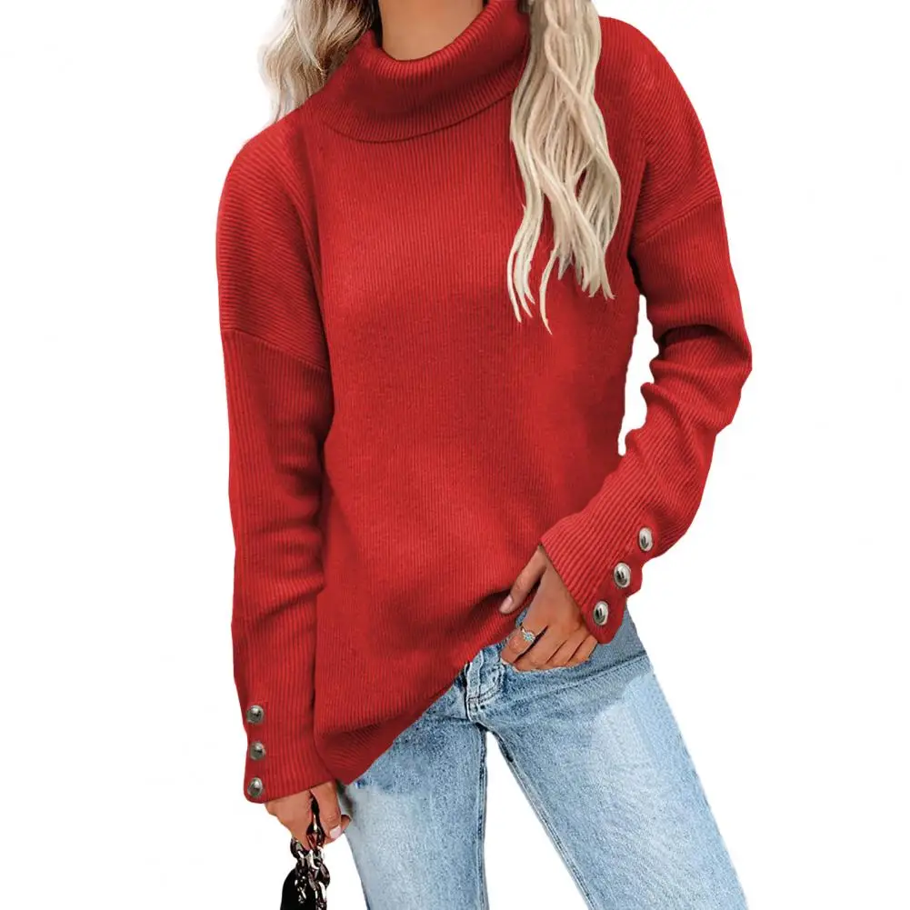 

Women Autumn Winter Turtleneck Long Sleeve Pullover Sweater Ribbed Solid Color Buttons Cuffs Loose Fit Knitwear