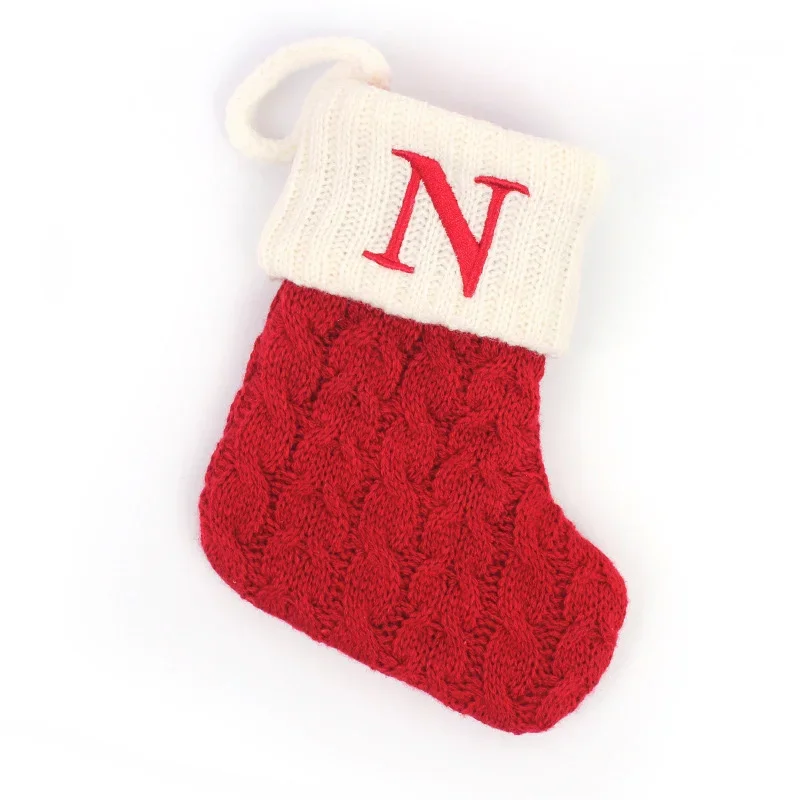Festive Knitted Christmas Stocking with Snowflake & Alphabet Design - Holiday Tree Pendant Decoration