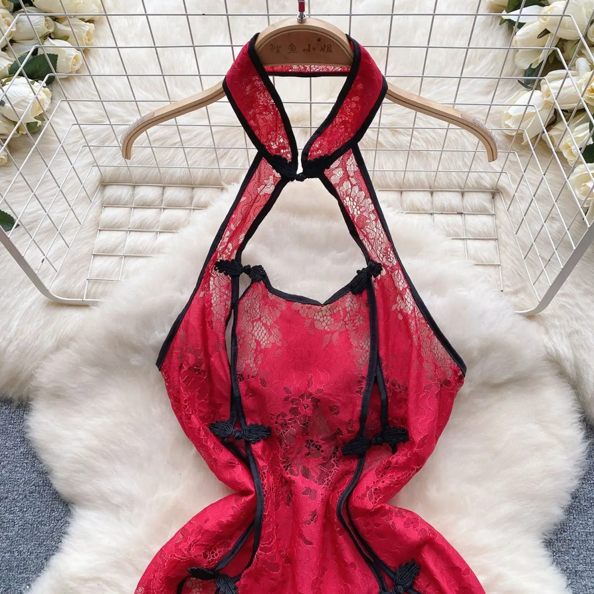 Sexy Halter Neck Lady's Mini Dress Hollow Out Sexy Lace Dress Hot Slit Bodycon Sleep Dress Women's Erotic Lingerie Pajama Dress