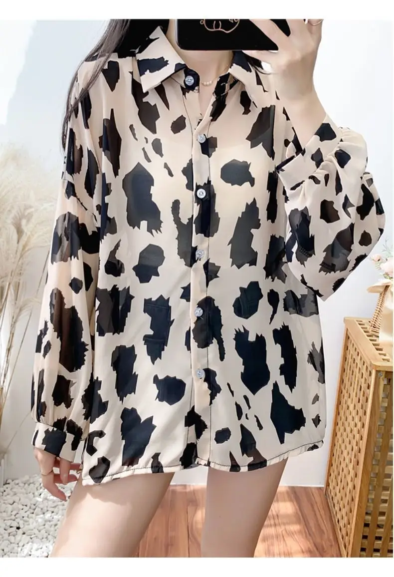 2023 New Summer Fashion Retro Loose Relaxed Leopard Print Long Sleeve Sunscreen Temperament Ice Silk Long Sleeve Oversize Shirt