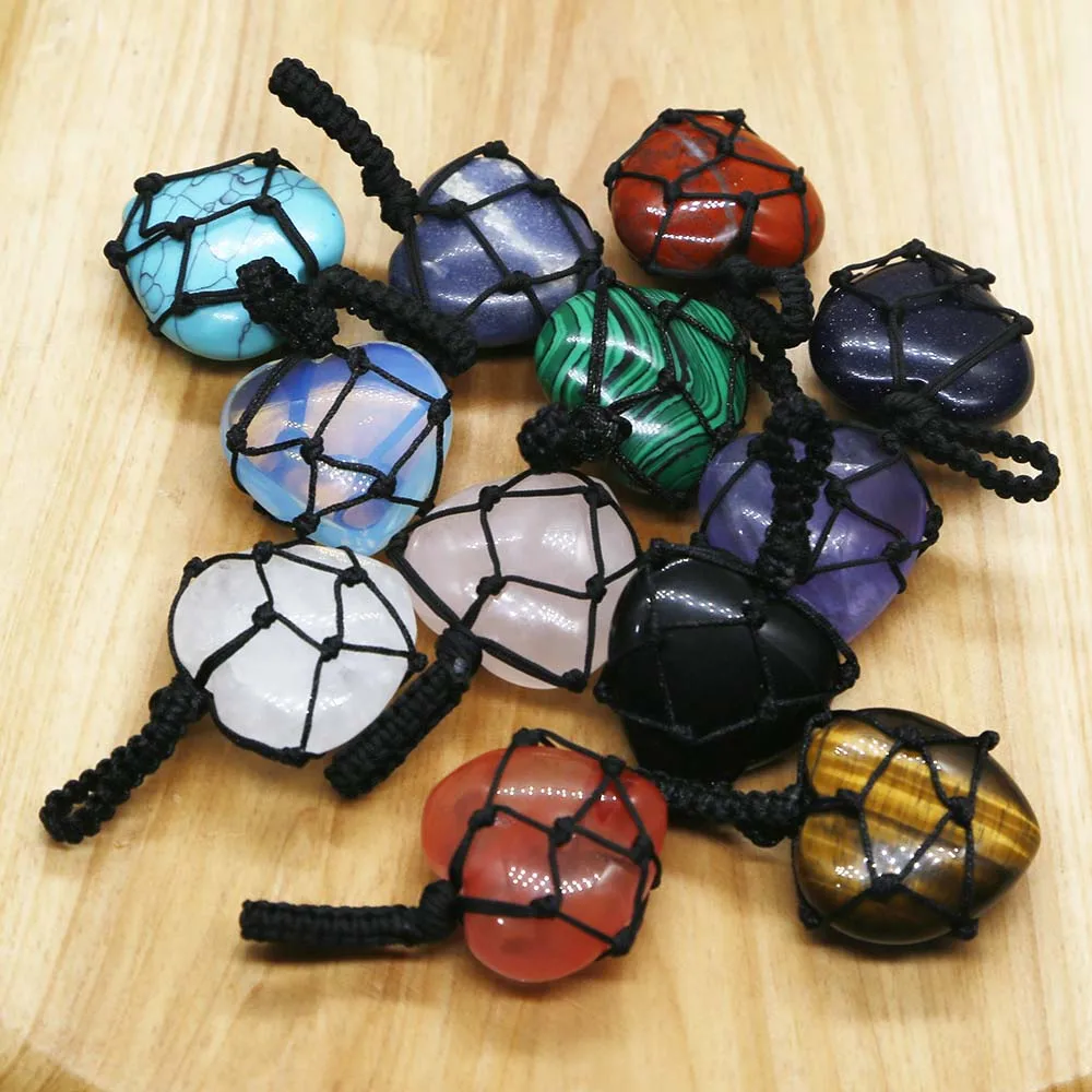 Natural Stone Crystal Agate Hand Knotting Peach Heart Necklace Pendant Charm Fashion DIY Jewelry Gift Accessories Wholesale 4Pcs