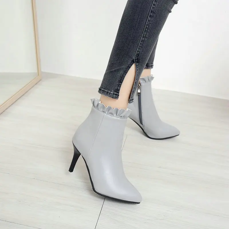 

QPLYXCO 2020 Winter PU Leather Pointed Toe Women Ankle Boots With Ruffles Spike High Heels Winter Shoes Woman Boots 33-47