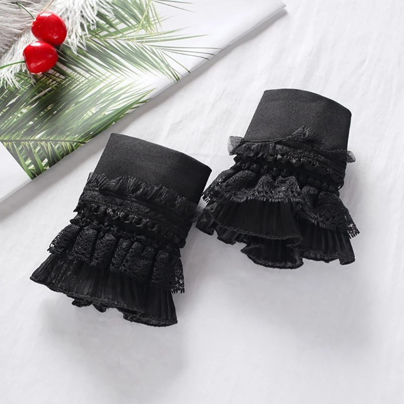 

Gothic Retro Black Detachable Sleeve Fake Cuffs Multi Layer Lace Patchwo T8NB