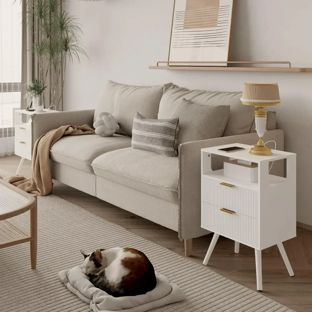 White Nightstand with Charging Station and LED Lights,Modern Bedside Table with 2 Storage Drawer and Open Wood Shelf, for Bedroo