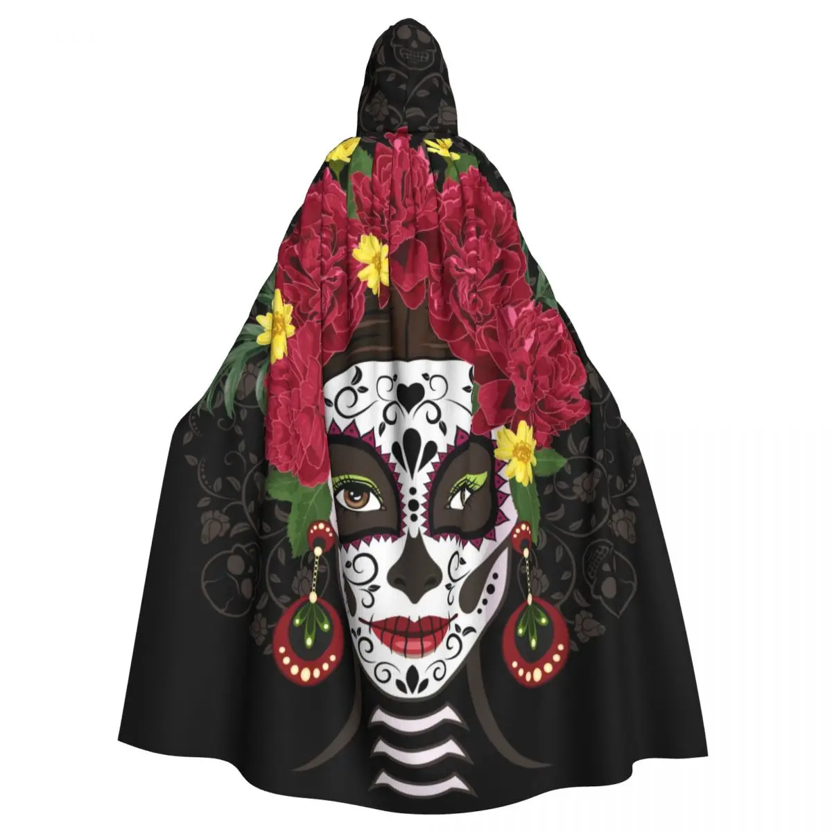 

Santa Muerte With Peonies Calavera Catrina Day Of The Dead Cloak Hooded Cosplay Costume Halloween Adult Long Party Cape