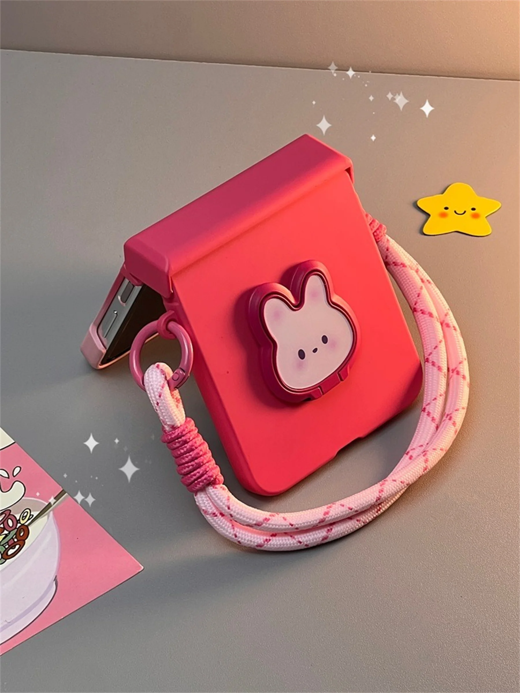 Luxury Cute Gradient Pink Phone Case with Bunny Rabbit Bracket and Hand Strap