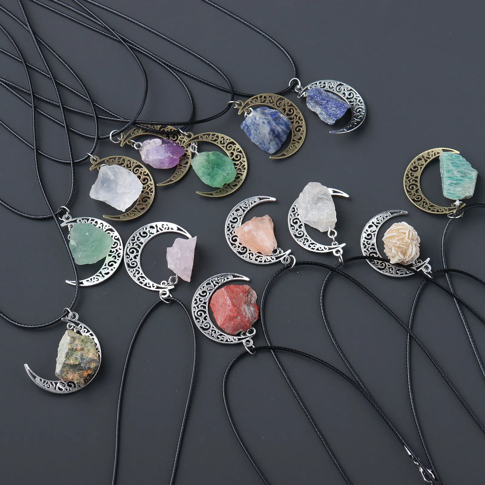 Vintage Natural Stone Crystal Moon Pendant Necklace Tourmaline Chain Necklaces Women Men Pink Jewelry Pendant