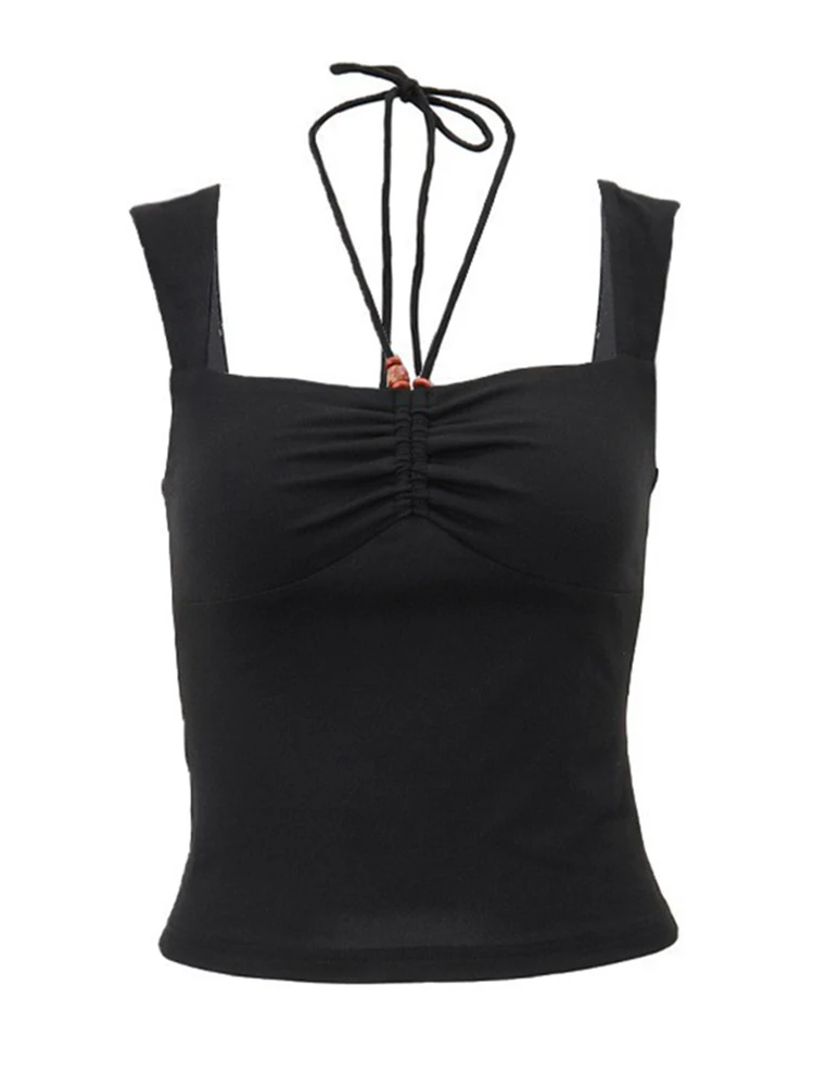 Vintage Black Square-neck Halter Tank Top Sexy Slim Pleated Backless Summer Crop Tops 2025 Women Sleeveless Bodycon Vest