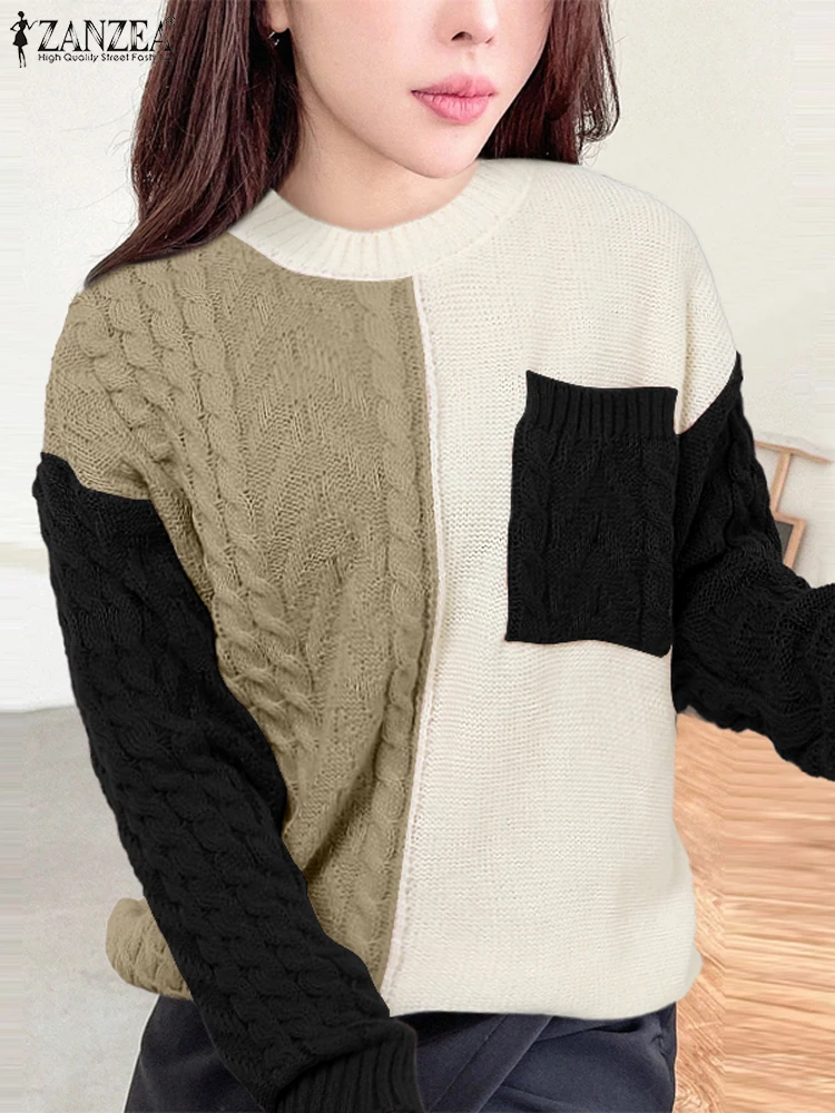 Autumn Patchwork Sweaters Women Pullovers Long Sleeve Winter
