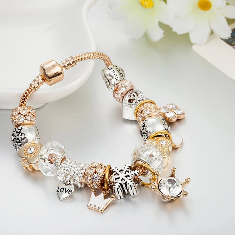 Gold Plated Crown Heart Charms Abalorio Fashion DIY Crystal Snow Beads Fit Pan Bracelets European Jewelry bracelet jewelry
