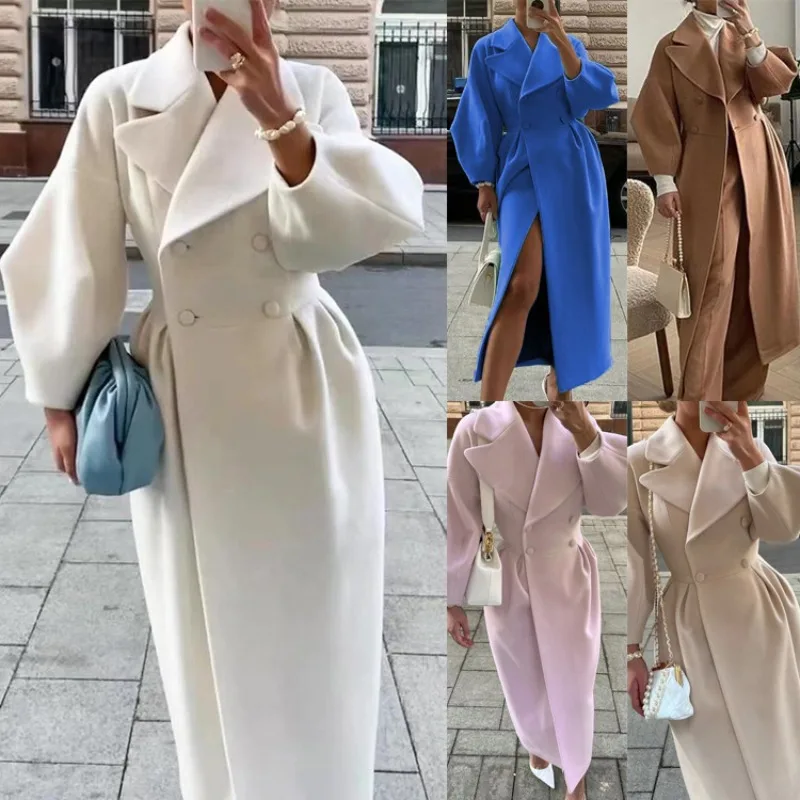 

Winter Thick Warm Female Elegant Outwear Women Lapel Lantern Sleeve Long Jackets Solid Double Breasted Waist Fold Woolen Coat