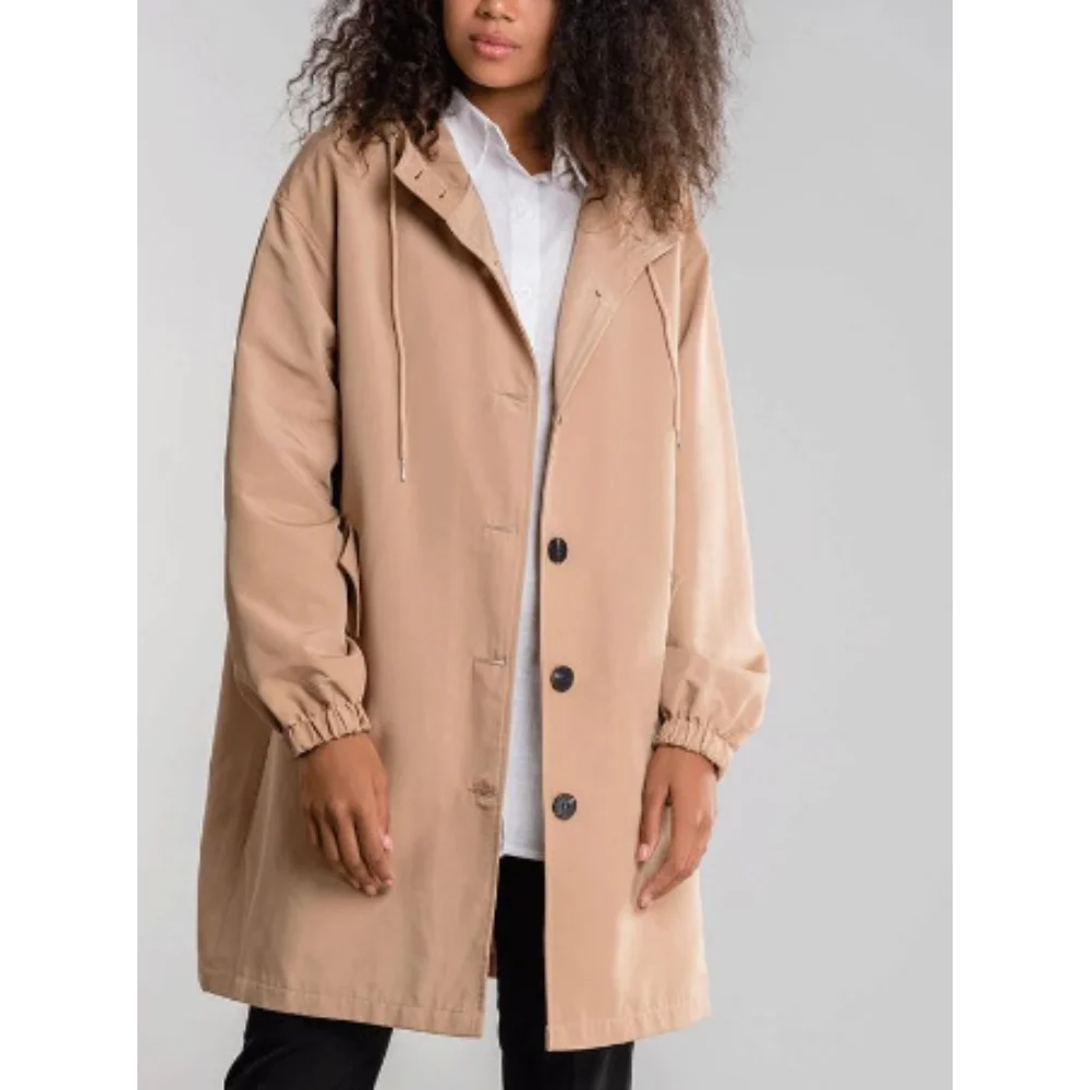 

Oversized Windbreaker Women Mid-length Loose Long-sleeved Solid Color Single-breasted Hooded Jacket