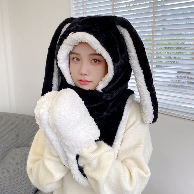

Sweet Cartoon Rabbit Ear Hat Cute Winter Gift Windproof Scarf and Gloves Set Cute Winter Thick Hoodies Scarf with Mitten Black