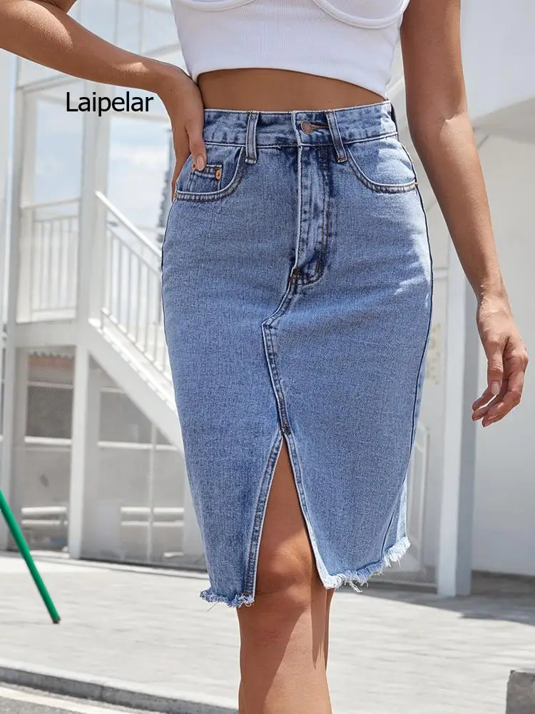 

Women High Waist Denim Skirts Summer Mid-length Solid Color Bag Hip Split Denim Half-length Irregular Jeans Skirt 2022