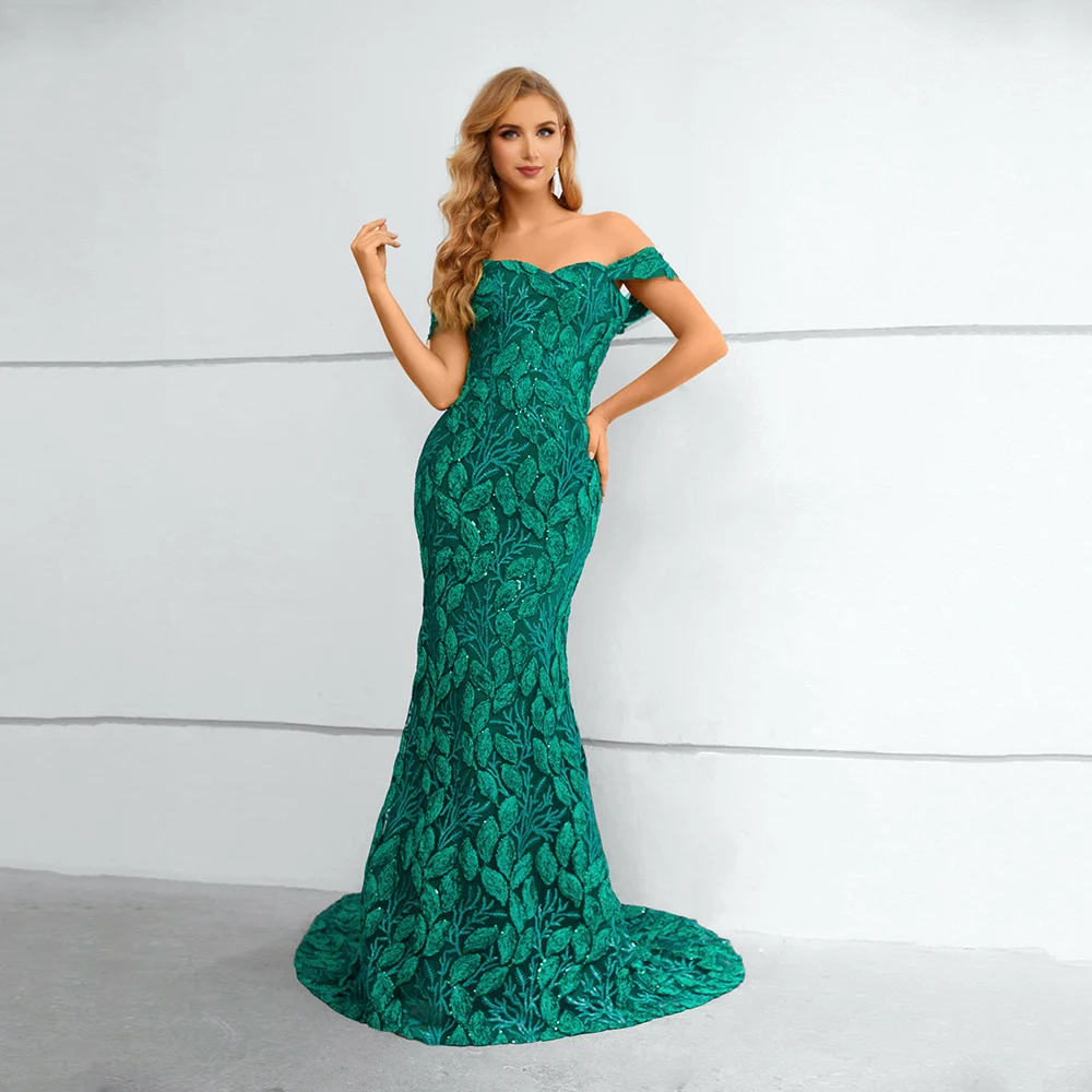 

Off the Shoulder Mermaid Formal Evening Dresses Modern Green Sweep Train Backless Prom Gown Long Lace Party Dress robe de soirée