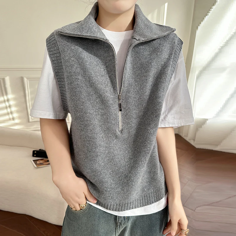 

100% Pure Wool Vest Women's High Neck Knitted Pullover Top Spring New Tank Top Fashion Korean Solid Color Sleeveless Vest