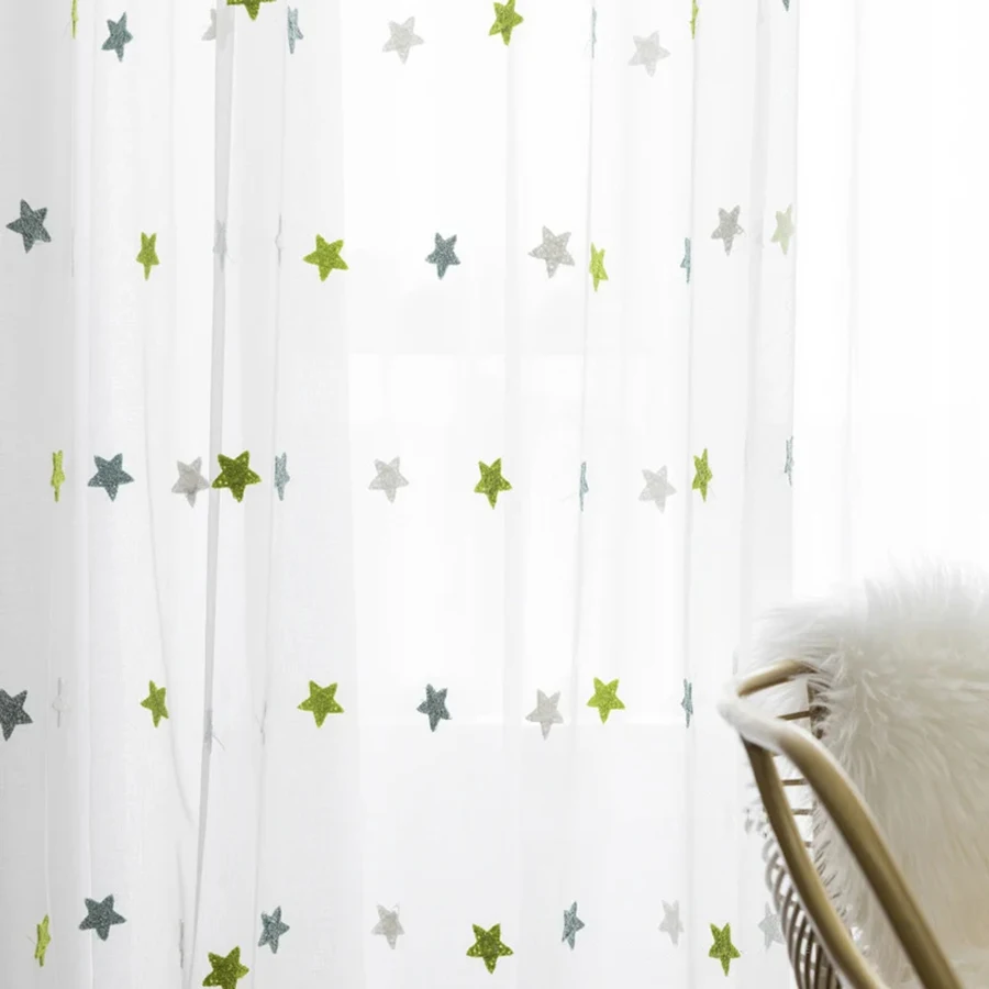Green Mesh Towel Embroidery Star Window Screen Tulle For Living Room Children Cartoon Curtains Balcony Bedroom Sheer Drapes