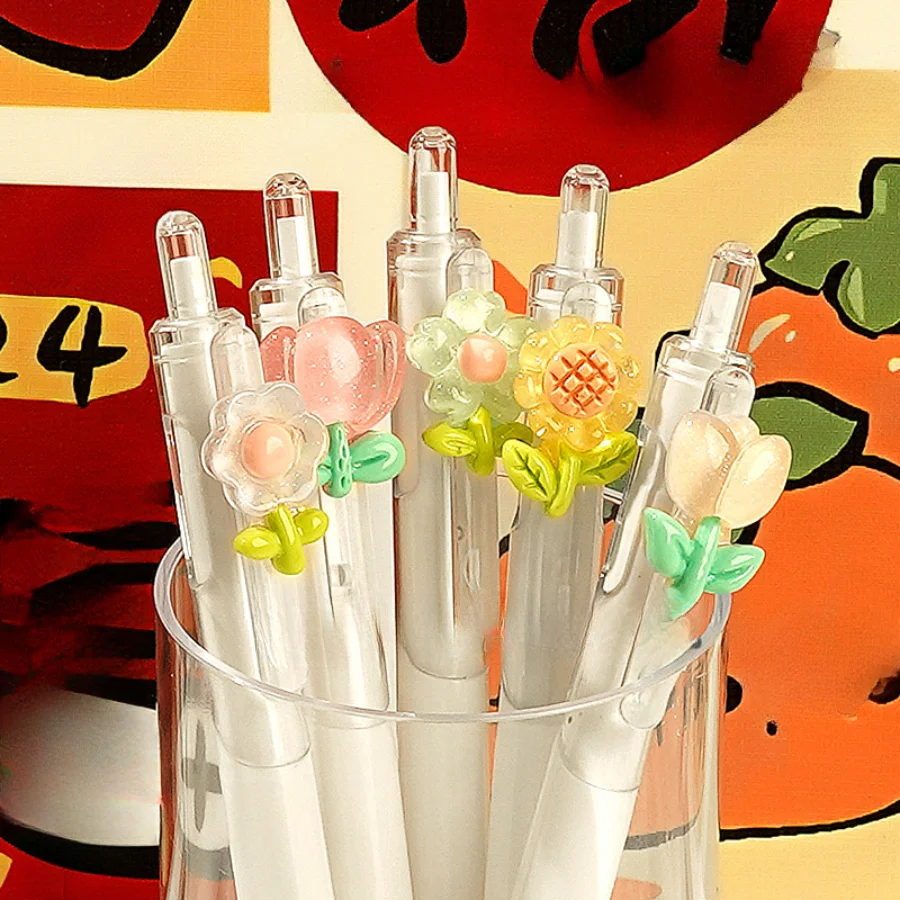 5Pcs Flower Gel Ink Rollerball Pens Medium Point 0.5mm Quick-Dry Plastic Pens Tulip Design Retractable Writing Pens Decoration 4