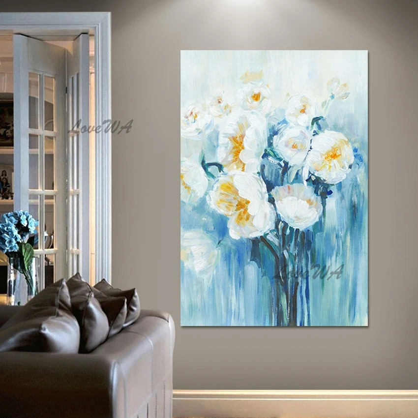 

Белая, Синяя абстрактная картина на холсте, цветок, искусство, современный декор, акриловое искусство, чистый коридор для ресторана