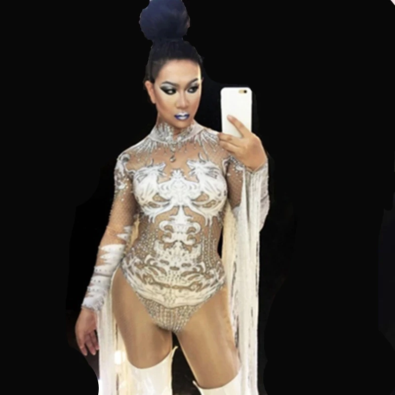 tassels White crystals bodysuit female costumes nightclub bar sexy Jumpsuits rhinestones outfit performance singer DJ show