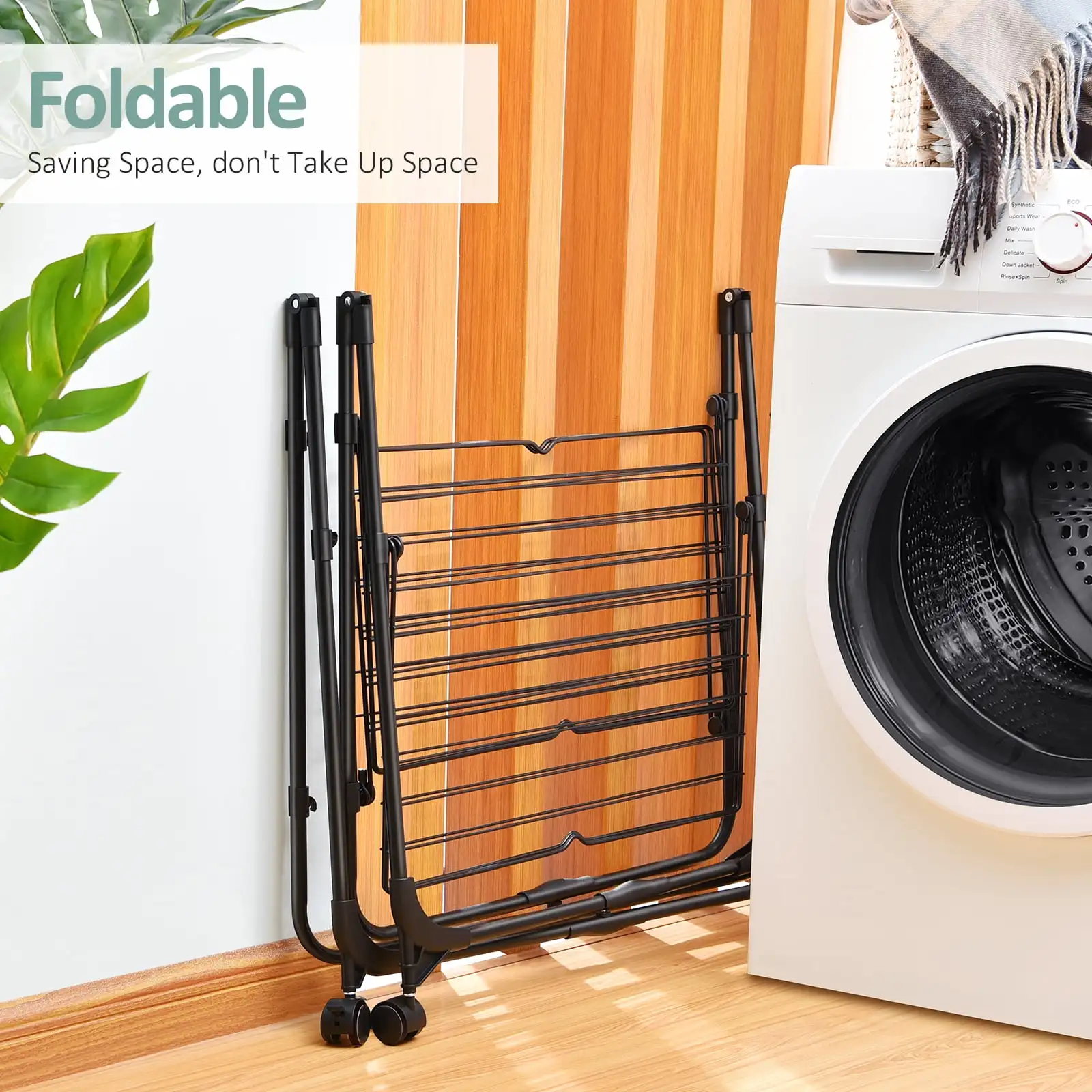 Clothes Drying Rack, 3-Tier Folding Indoor Laundry Drying Rack with Wheels 4 Hooks, Metal 2