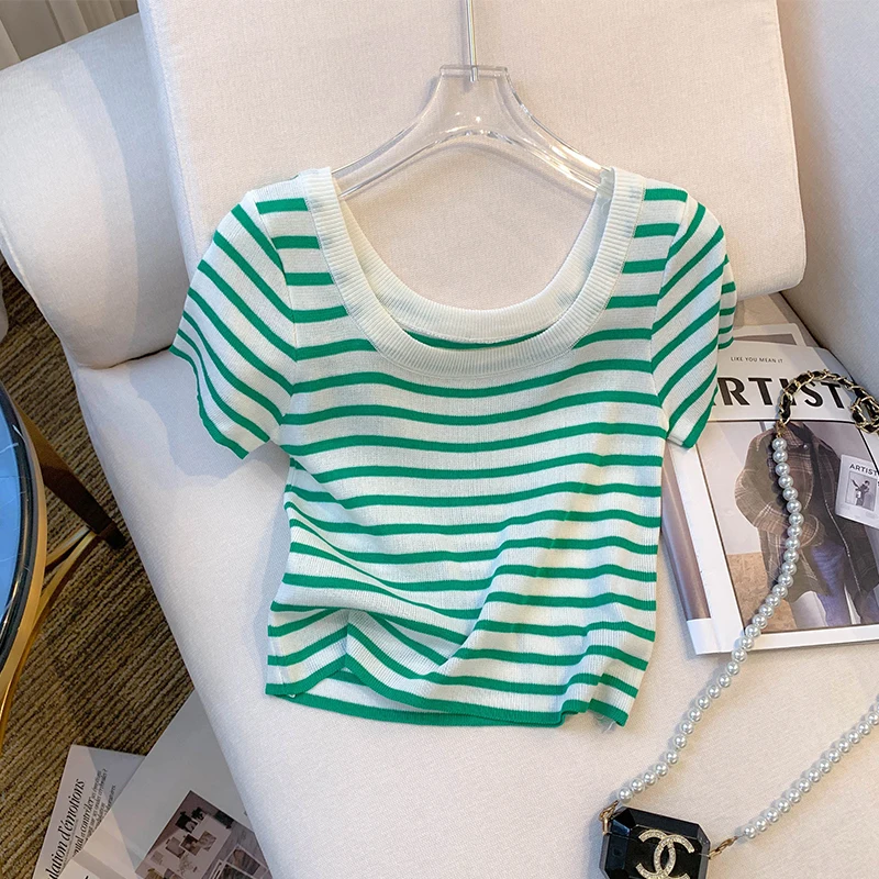 

Striped Knitted Short Sleeve T-shirt Women Striped Contrast Color Ice Silk Fabric Pullovers Sweet Thin Style Knitting Tee95