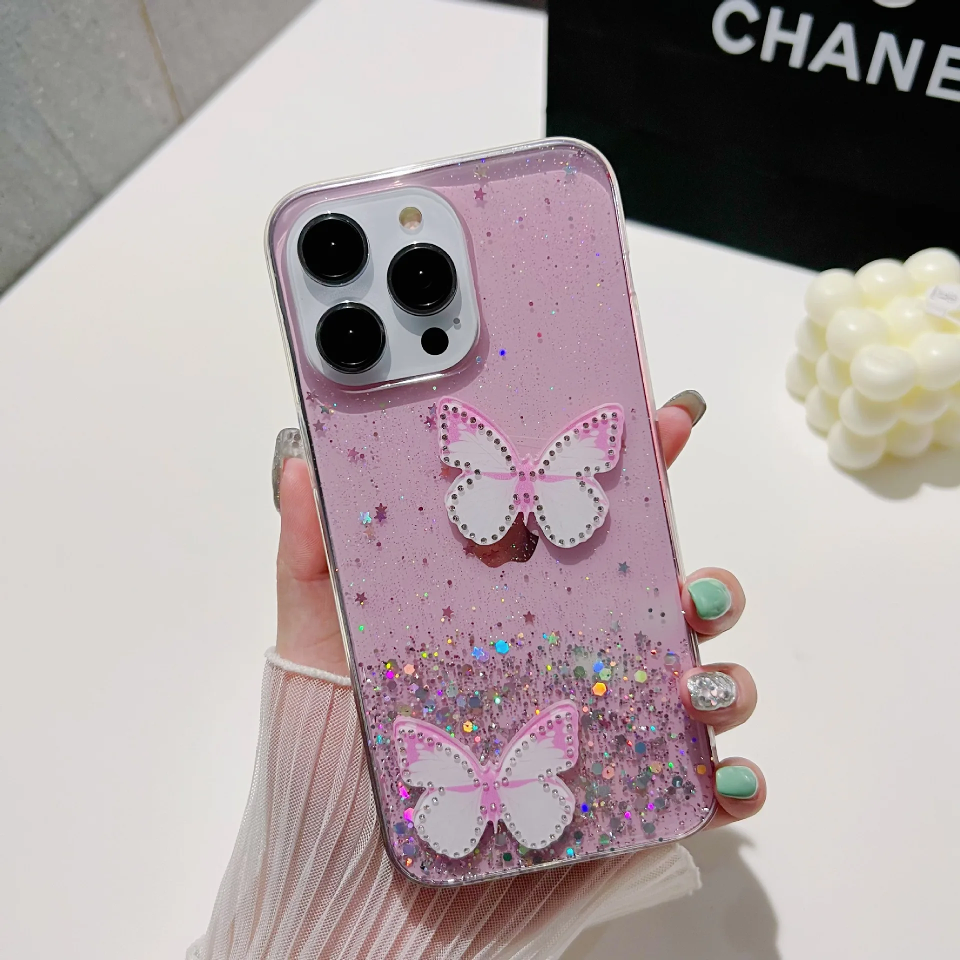 Vibrant Pink Butterfly & Starry Sky Semi-Transparent Shockproof Phone Case