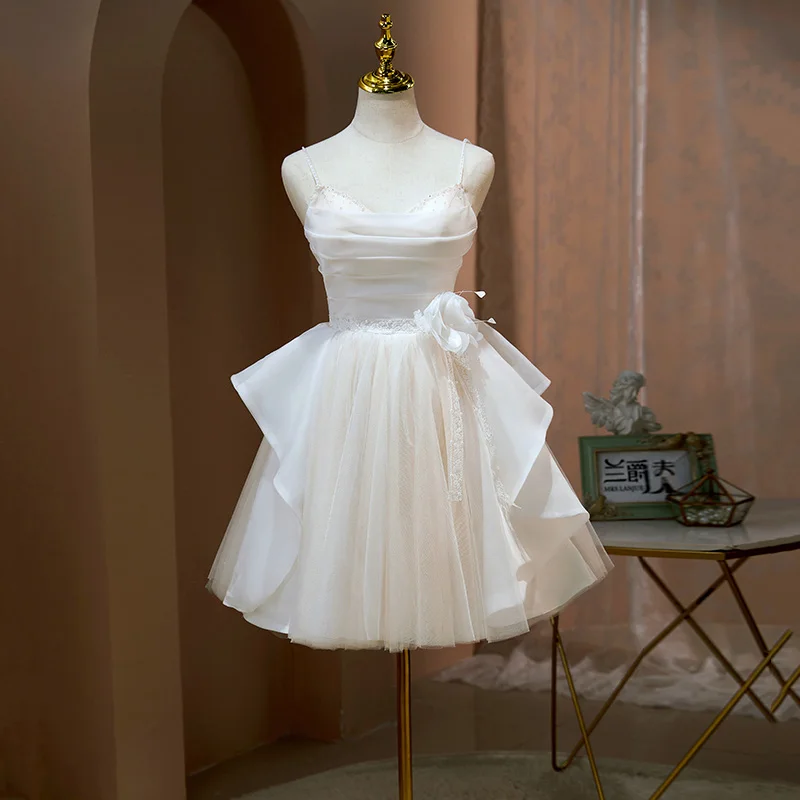 

New Elegant Evening Dress V-Neck Knee Length Pleat A-Line Sleeveless Lace Up Backless Tulle Plus Size Women party Dresses B2465