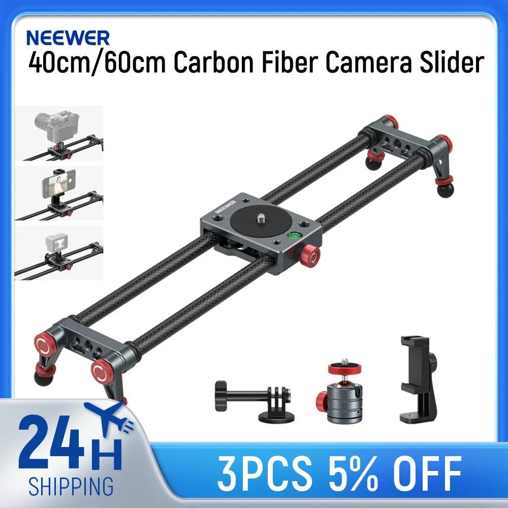 NEEWER 40cm/60cm Carbon Fiber Camera Slider with 360&deg; Ball Head/Phone Clamp/Camera Mount, Dolly Rail Track For GoPro Insta360 camera track slider