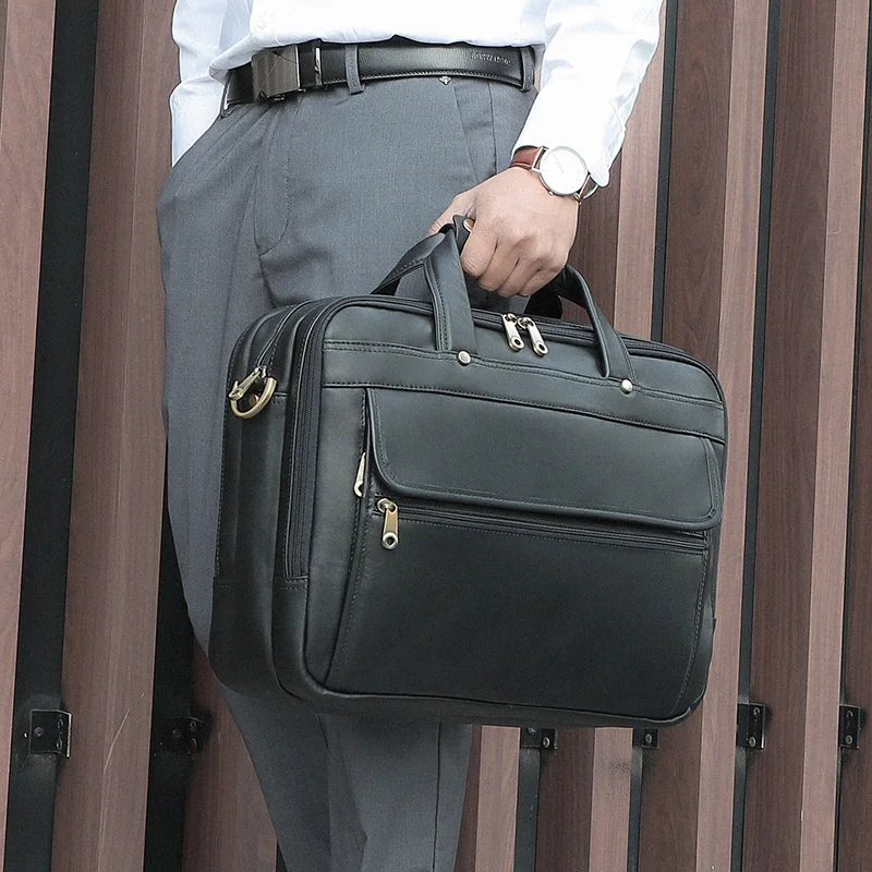 

Business leather men's headband cowhide multi pocket handbag one shoulder diagonal cross bag computer bag