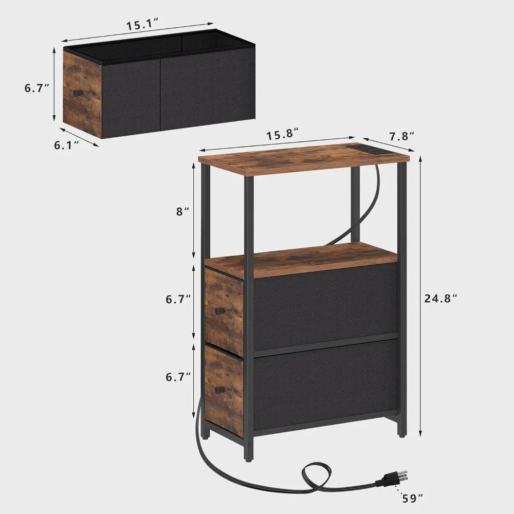 LED End Table with Charging Station, 2 Drawers, Outlets, Nightstand Set, Small Narrow Side Table for Couch, Living Room Furnitur