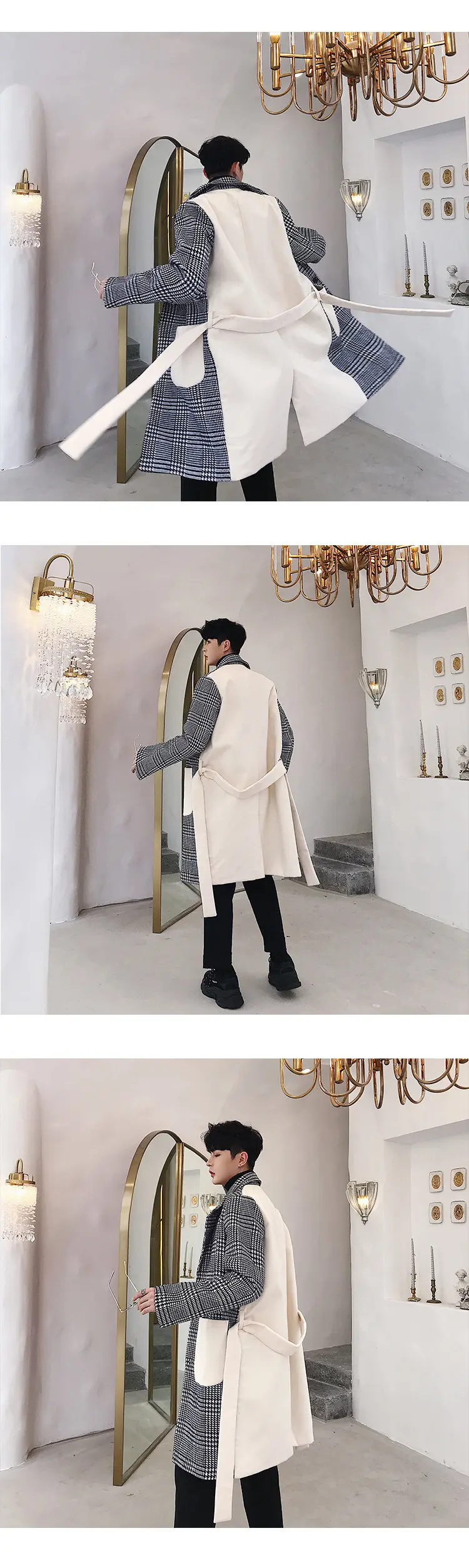 Description Picture 5 of itemMen's Thousand Bird Plaid Long Woolen Coats Patchwork Lapel Long Sleeve Streetwear Autumn Winter Fashion Casual Thick Trench