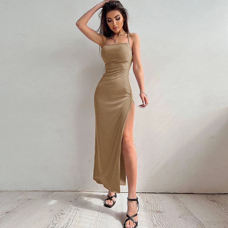 S0783f04f1ab844b8b37f43456a4a80d3K New Women Backless Bandage Bodycon Dress Summer Sexy Halter Neck Split Party Dresses Ladies Casual Solid Long Robe CC22157PF
