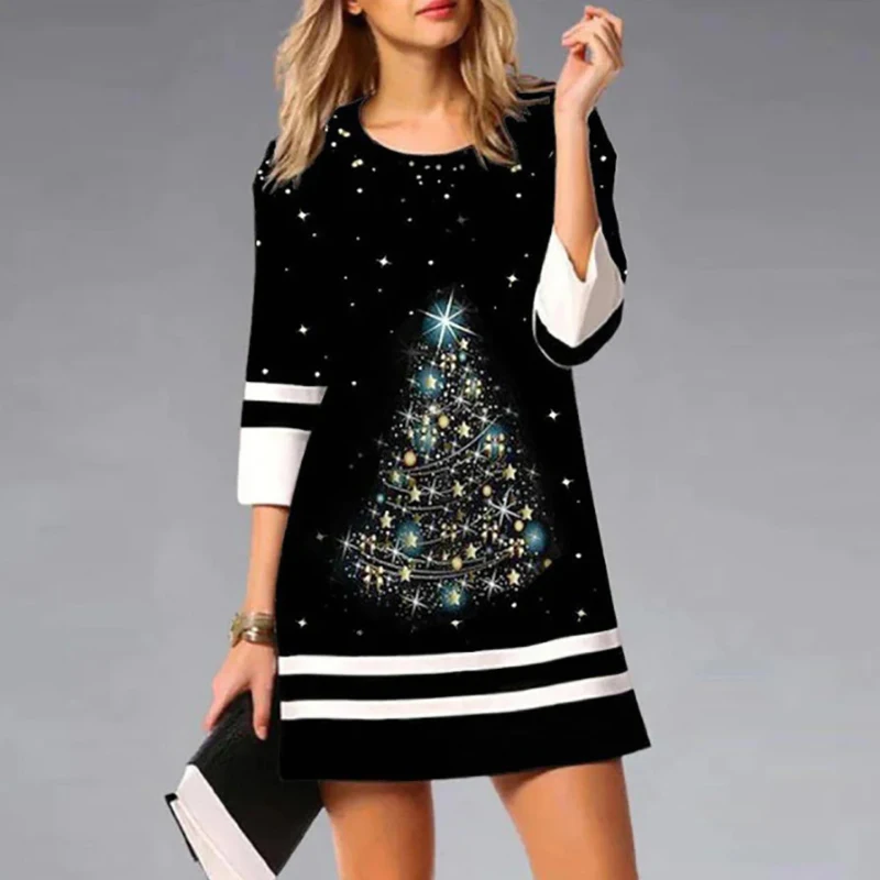 Christmas Dresses For Women Fashion O Neck Wine Print 3/4 Sleeve Loose Party Dress Women Casual Mini Dress